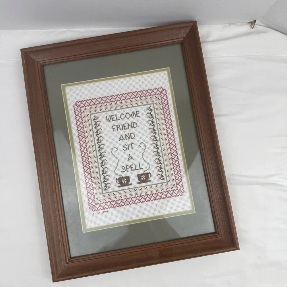 Vintage 1989 Handmade Cross Stitch Framed Art Welcome Friend Sit A Spell 11x14